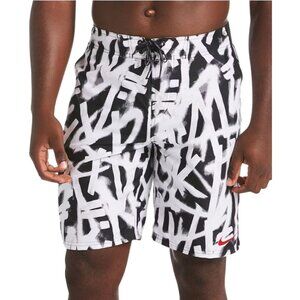 Nike Mens Swim Trunks Size S Black White Graffiti Print Embroidered Logo Sporty